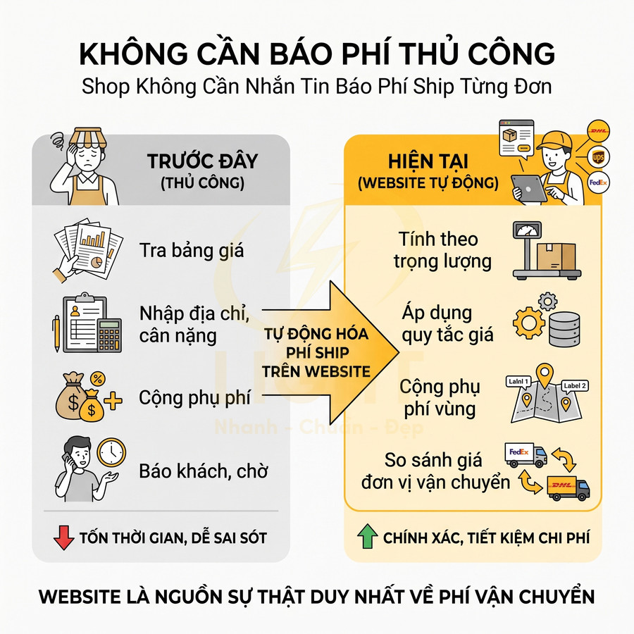 Infographic so sánh báo phí ship thủ công và tự động trên website, nhấn mạnh tự động hóa phí vận chuyển cho shop online