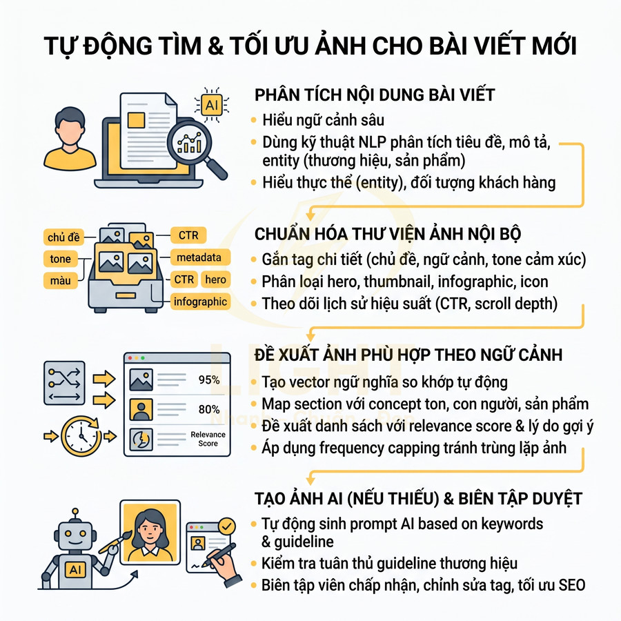 Quy trình AI tự động phân tích nội dung và tối ưu lựa chọn hình ảnh minh họa cho bài viết mới
