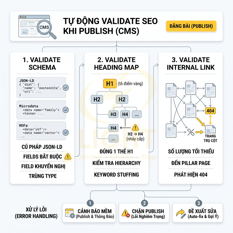 Sơ đồ tính năng CMS tự động validate SEO khi publish gồm kiểm tra schema, heading và internal link