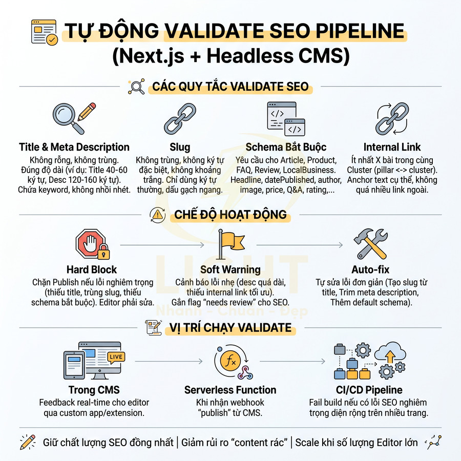 Mô hình tự động validate SEO pipeline cho Next.js và Headless CMS với các quy tắc, chế độ và vị trí kiểm tra
