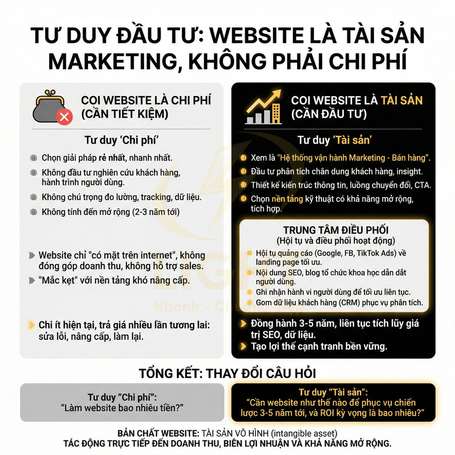 Infographic so sánh tư duy coi website là chi phí và coi website là tài sản marketing cần đầu tư