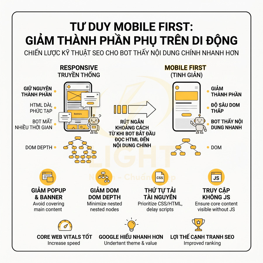 Infographic tư duy mobile first giảm thành phần phụ trên di động tối ưu kỹ thuật SEO và cải thiện tốc độ tải trang