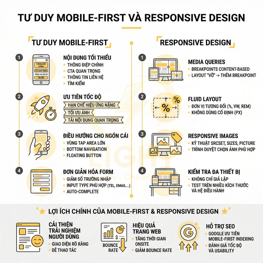 Infographic tư duy mobile first và responsive design với định nghĩa, kỹ thuật và lợi ích cho trải nghiệm người dùng