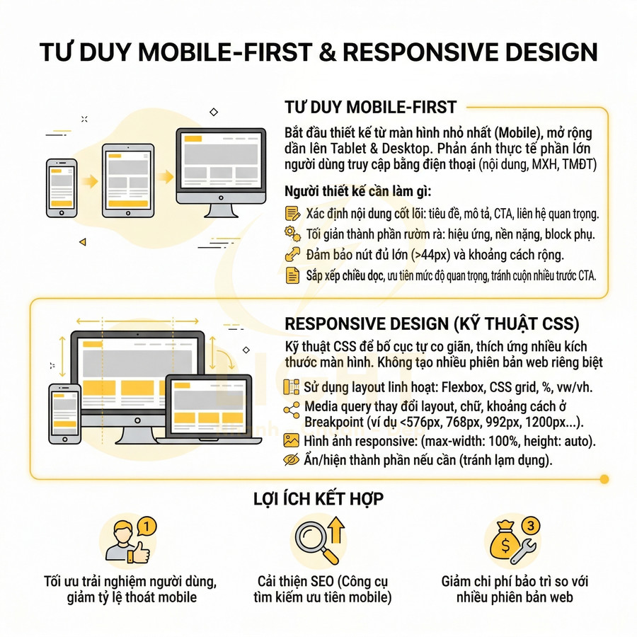Infographic về tư duy mobile first và responsive design trong thiết kế giao diện web trên nhiều thiết bị