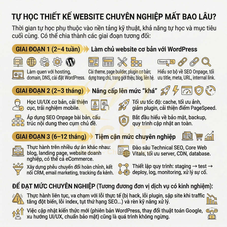 Infographic lộ trình tự học thiết kế website chuyên nghiệp với WordPress qua 3 giai đoạn