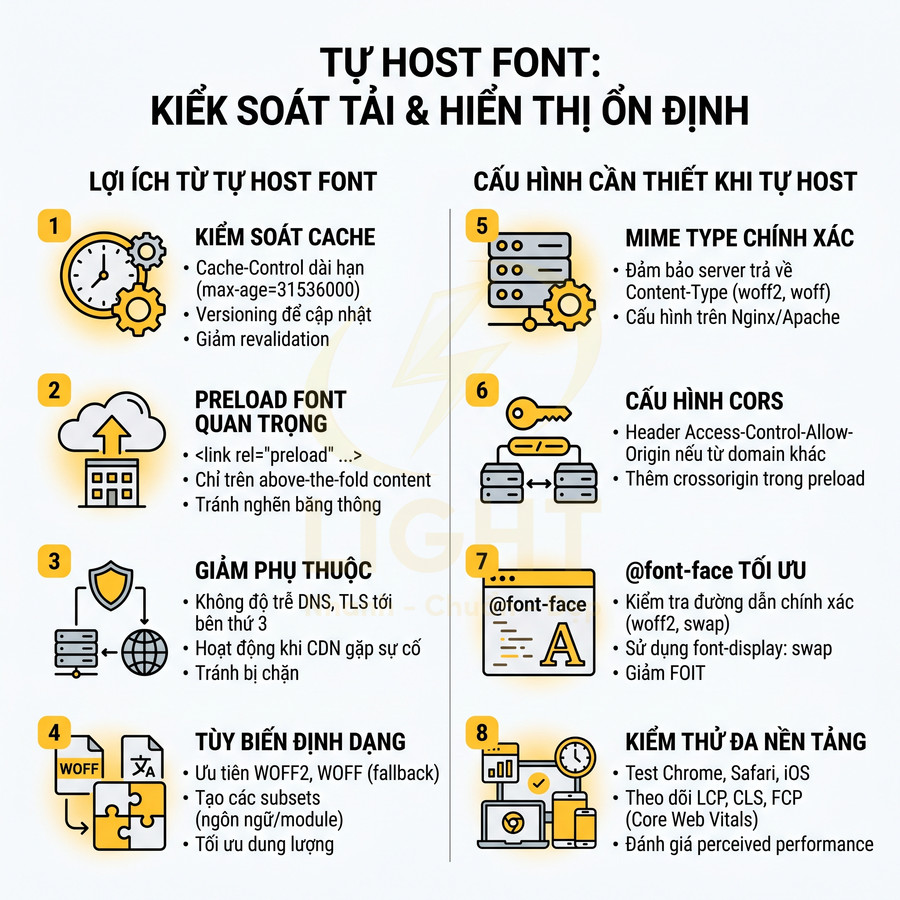 Infographic hướng dẫn tự host font để kiểm soát tải, tối ưu cache, preload, CORS và kiểm thử đa nền tảng