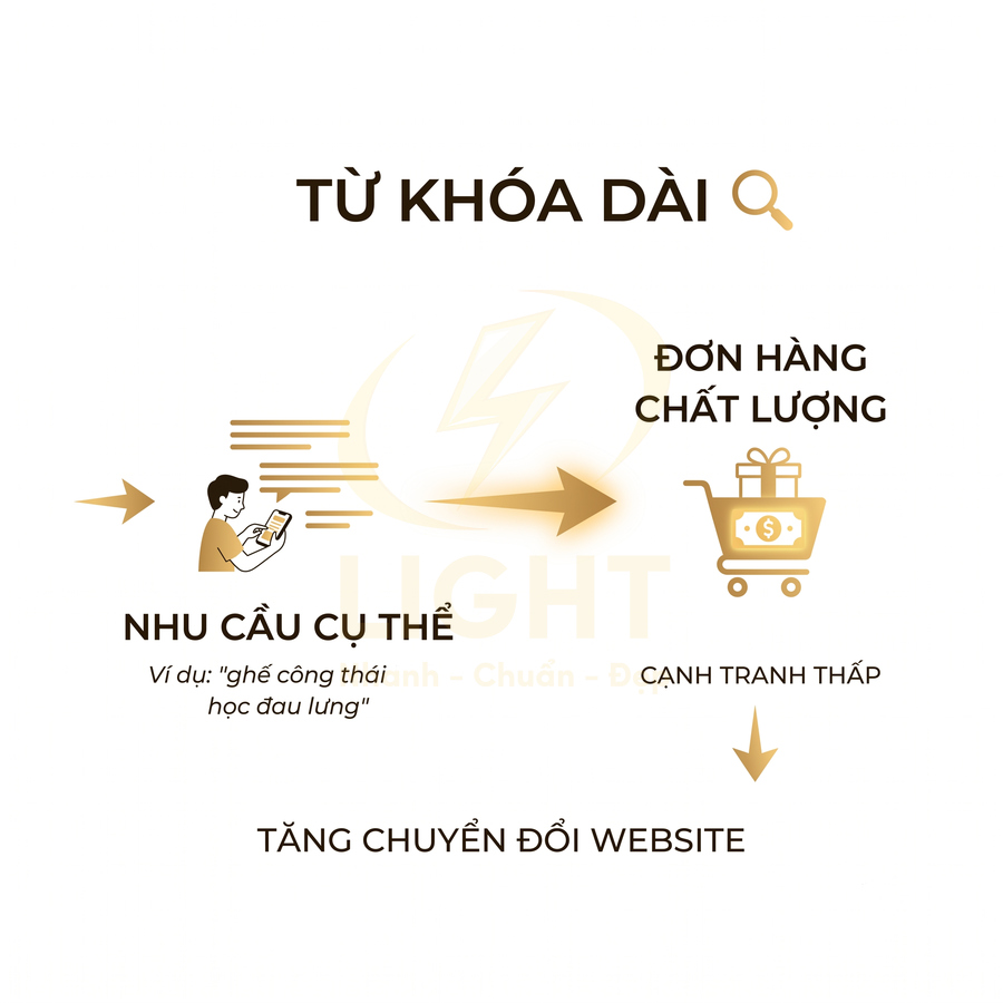 Minh họa lợi ích từ khóa dài giúp đáp ứng nhu cầu cụ thể, tăng đơn hàng chất lượng và chuyển đổi website