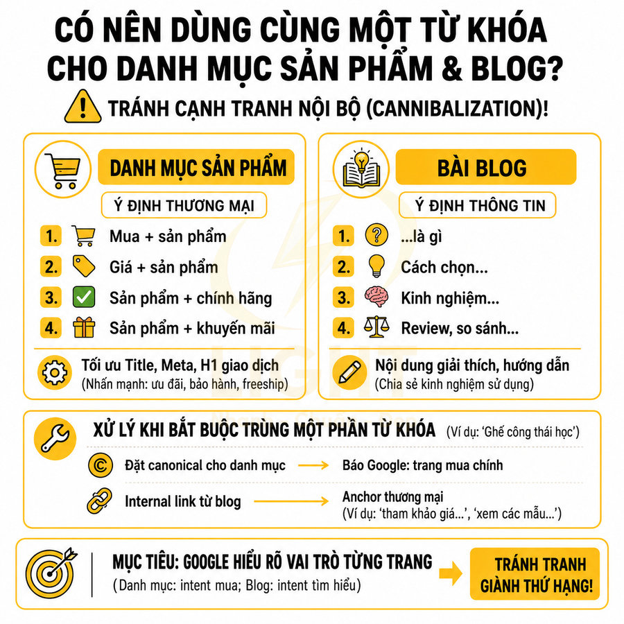 Infographic hướng dẫn dùng từ khóa cho danh mục sản phẩm và blog để tránh cannibalization trong SEO