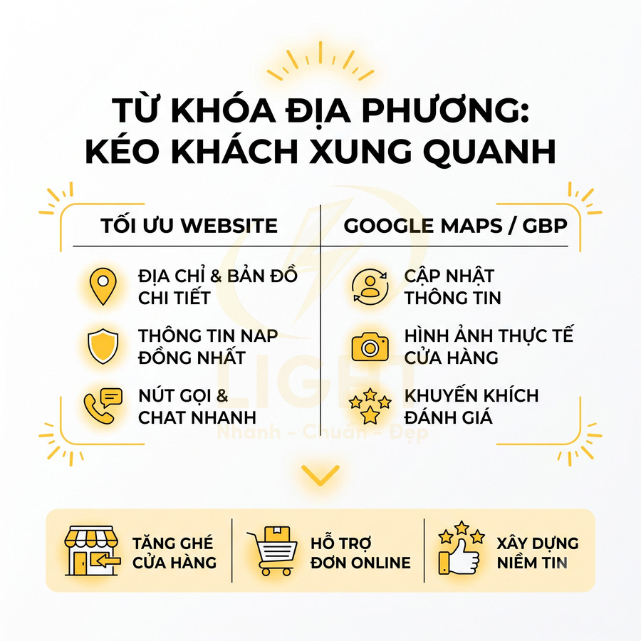 Hướng dẫn tối ưu từ khóa địa phương trên website và Google Maps để tăng ghé cửa hàng, hỗ trợ đơn online, xây dựng niềm tin