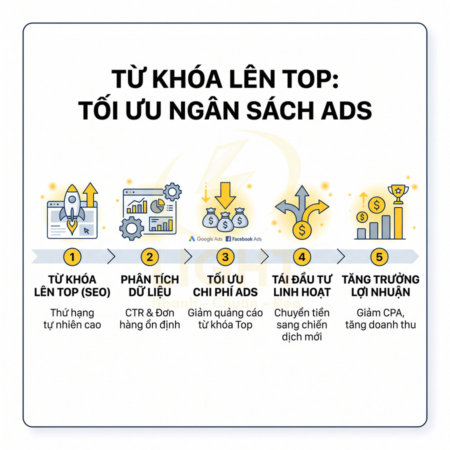 Quy trình tối ưu ngân sách quảng cáo Google Ads Facebook Ads từ từ khóa SEO lên top đến tăng trưởng lợi nhuận