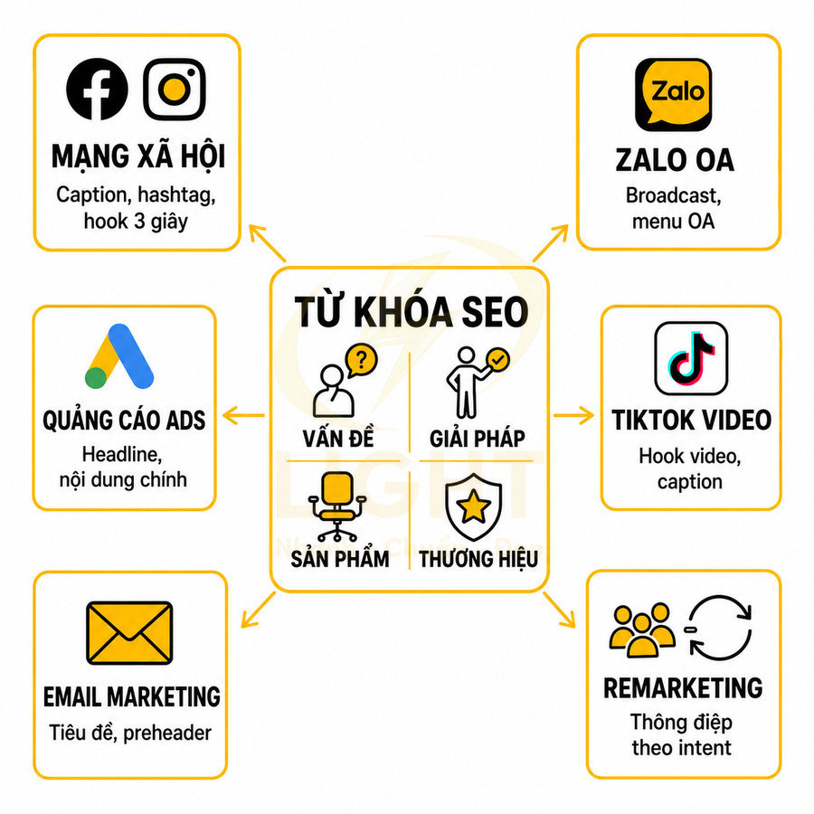 Sơ đồ dùng từ khóa SEO để tối ưu mạng xã hội, quảng cáo Google, email marketing, Zalo OA, TikTok và remarketing
