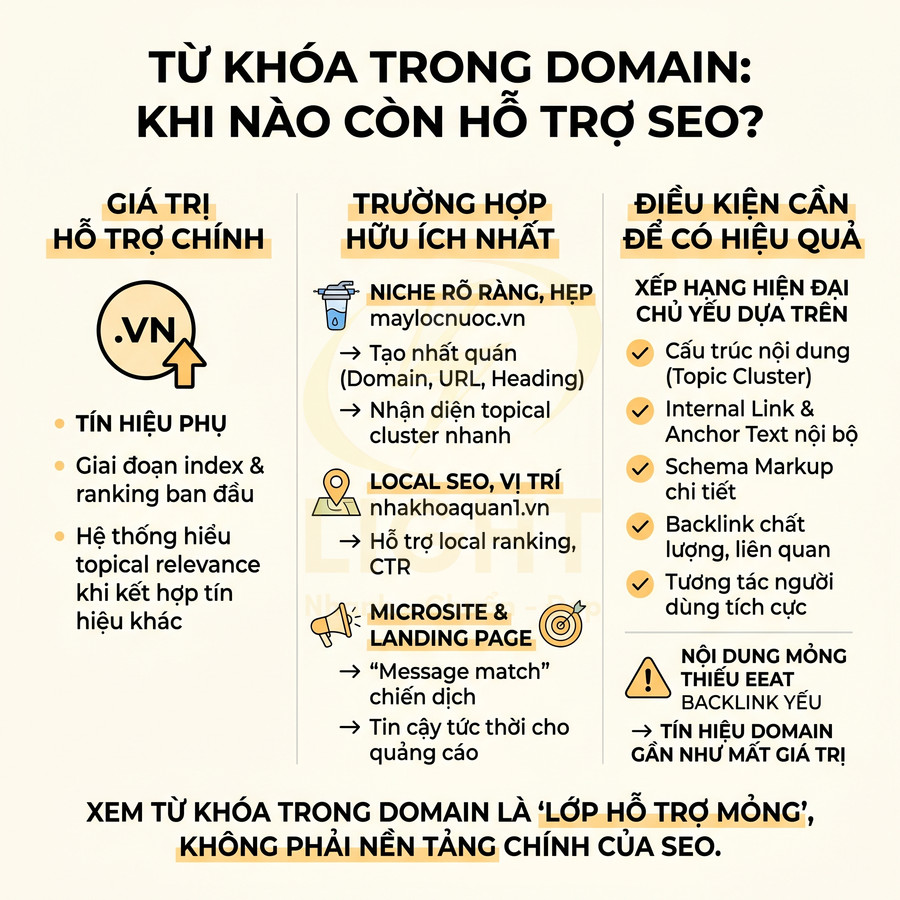 Infographic giải thích khi nào từ khóa trong domain còn hỗ trợ SEO và các điều kiện để tối ưu hiệu quả