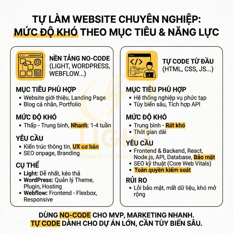 So sánh làm website bằng nền tảng no code như WordPress Webflow và tự code HTML CSS JS theo mục tiêu và năng lực