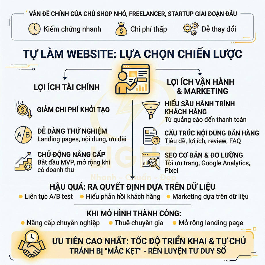 Infographic lợi ích tự làm website cho shop nhỏ, freelancer, startup về tài chính, vận hành và marketing