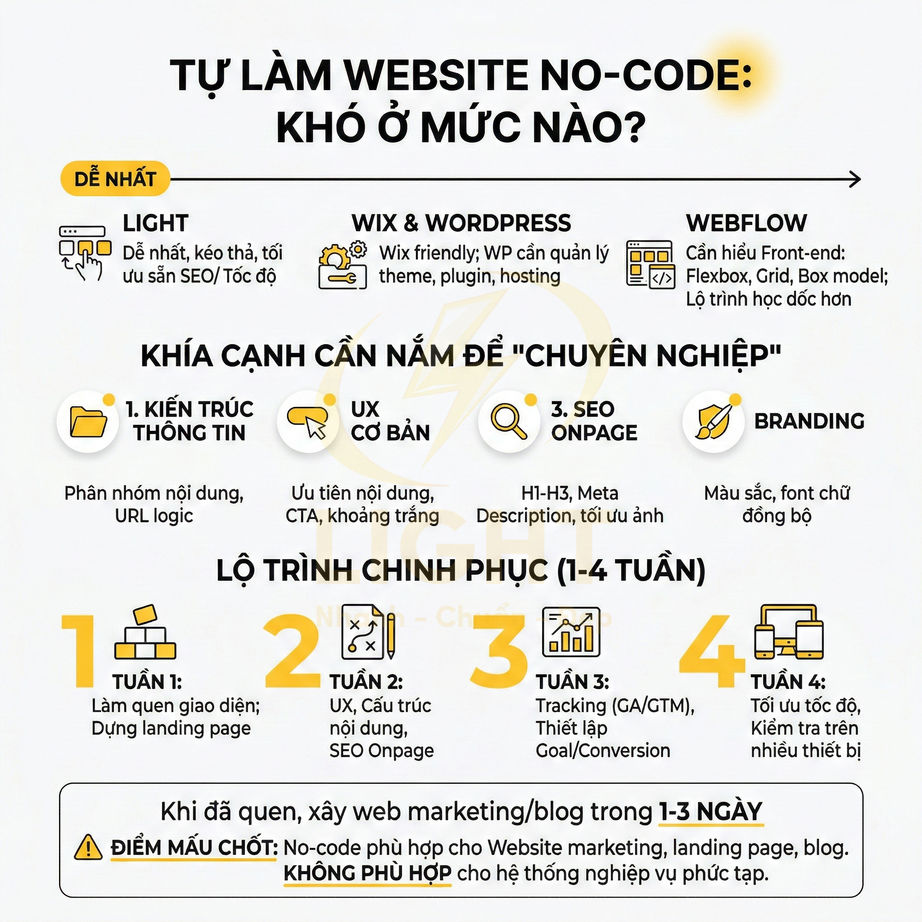 Infographic hướng dẫn lộ trình tự làm website no code với Light, Wix, WordPress, Webflow và các bước SEO, UX, branding