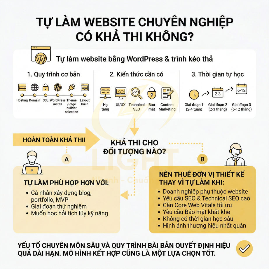 Infographic hướng dẫn tự làm website chuyên nghiệp bằng WordPress và khi nào nên thuê đơn vị thiết kế