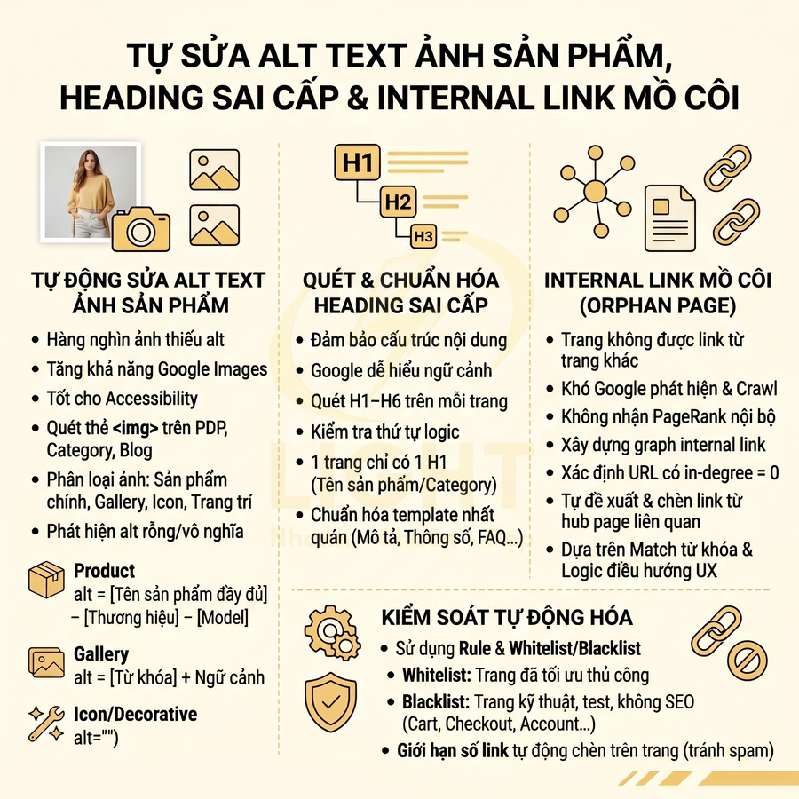 Infographic hướng dẫn tối ưu alt text ảnh sản phẩm, chuẩn hóa heading và xử lý internal link mồ côi cho SEO