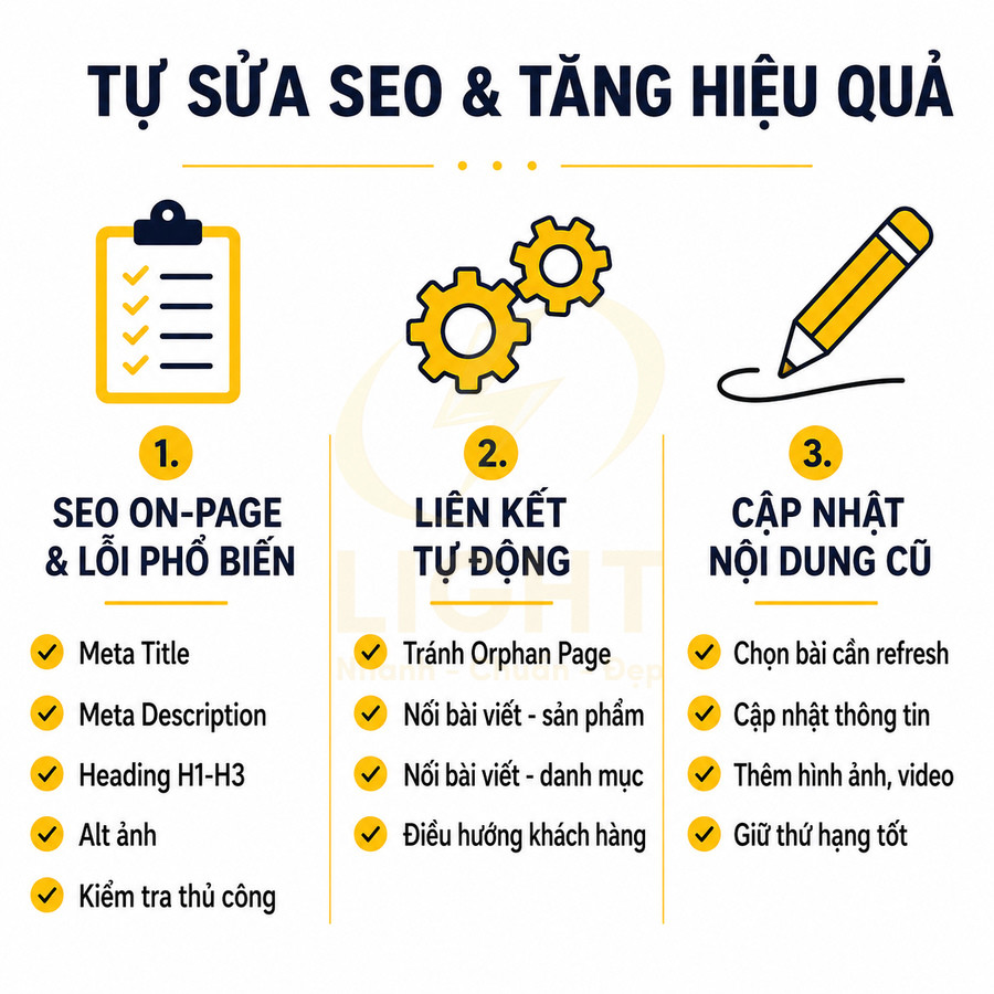 Hướng dẫn tự sửa SEO và tăng hiệu quả với SEO onpage, liên kết tự động và cập nhật nội dung cũ