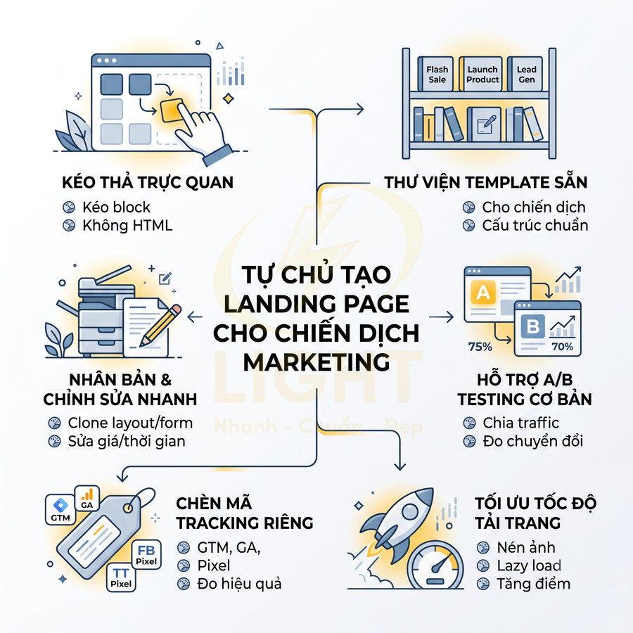 Ưu điểm công cụ tạo landing page marketing: kéo thả, template sẵn, A/B testing, chèn mã tracking, tối ưu tốc độ tải