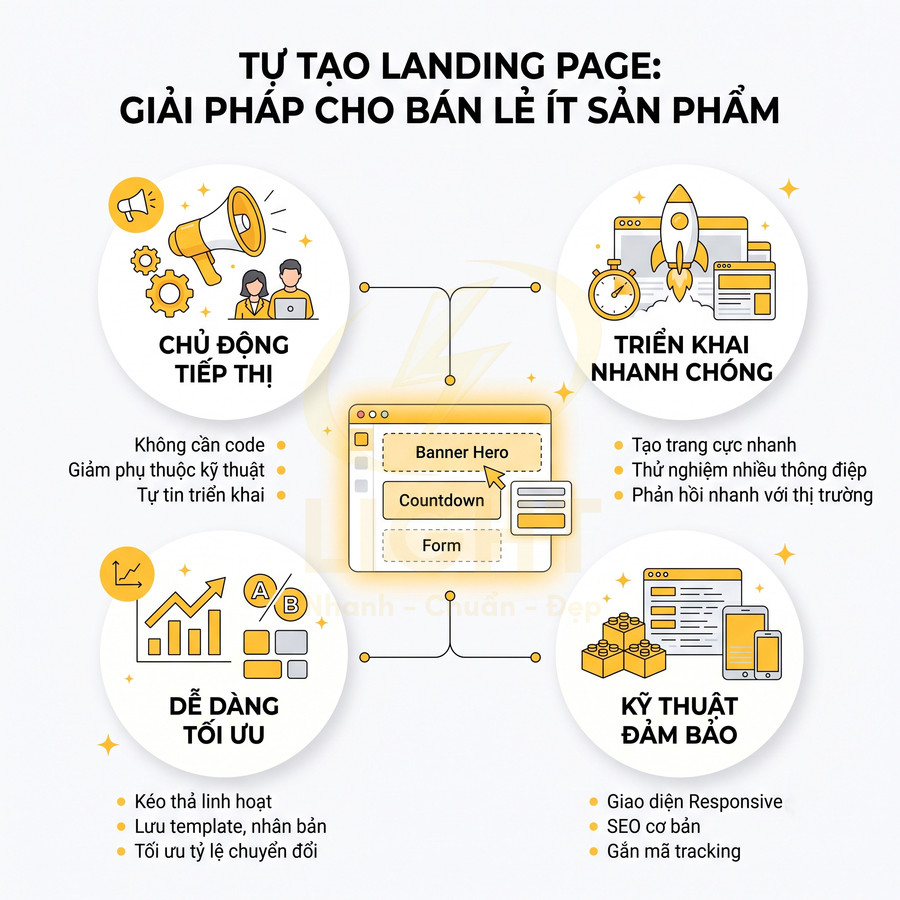 Infographic lợi ích tự tạo landing page bán lẻ ít sản phẩm: chủ động tiếp thị, triển khai nhanh, dễ tối ưu, kỹ thuật đảm bảo