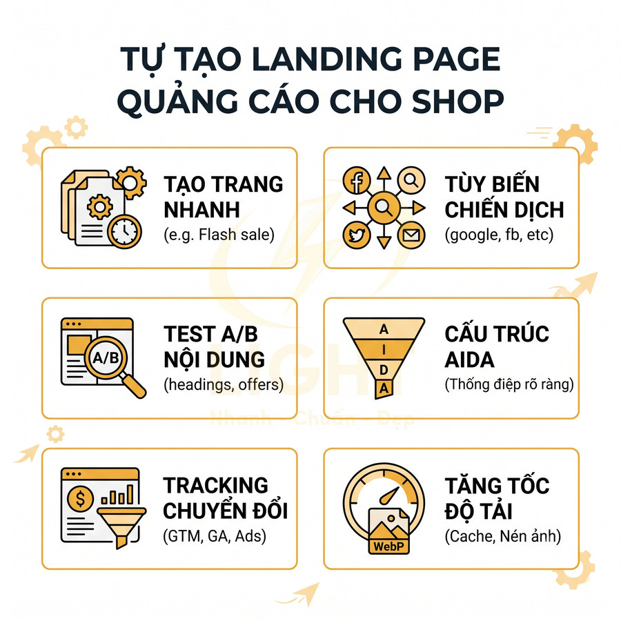 Ưu điểm công cụ tạo landing page quảng cáo cho shop: tạo trang nhanh, A/B test, tracking chuyển đổi, tối ưu tốc độ tải