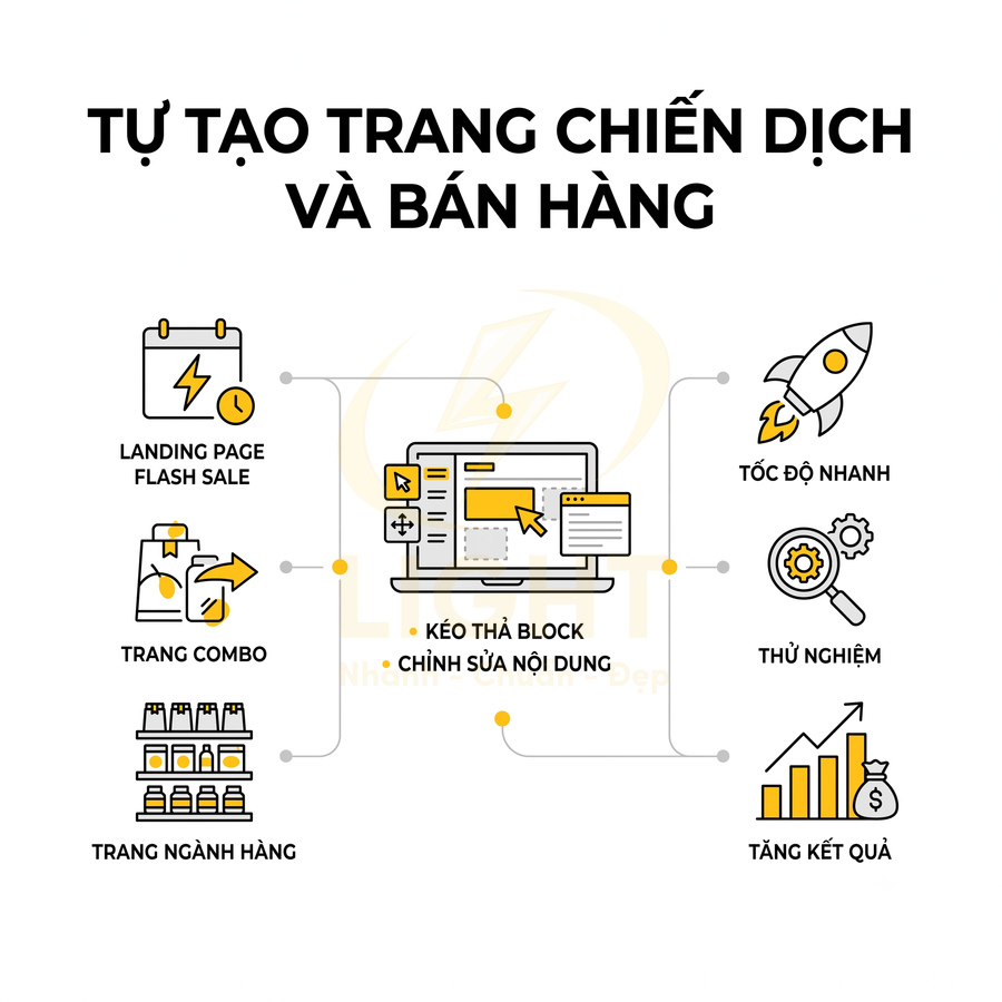 Thiết kế landing page chiến dịch bán hàng với kéo thả block, trang combo, flash sale và tối ưu tốc độ, tăng kết quả