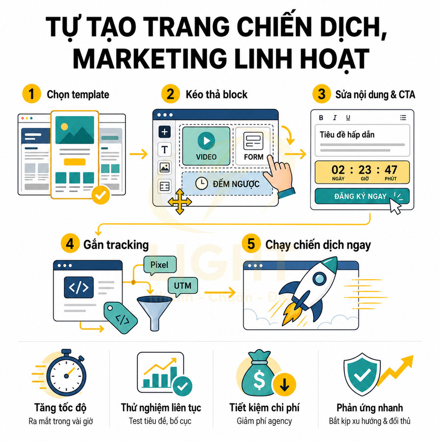 Quy trình tự tạo trang chiến dịch marketing linh hoạt với kéo thả block, gắn tracking và chạy quảng cáo ngay