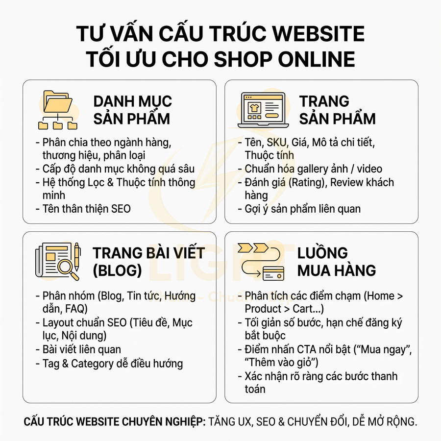 Infographic tư vấn cấu trúc website tối ưu SEO cho shop online với danh mục sản phẩm, trang sản phẩm, blog và luồng mua hàng