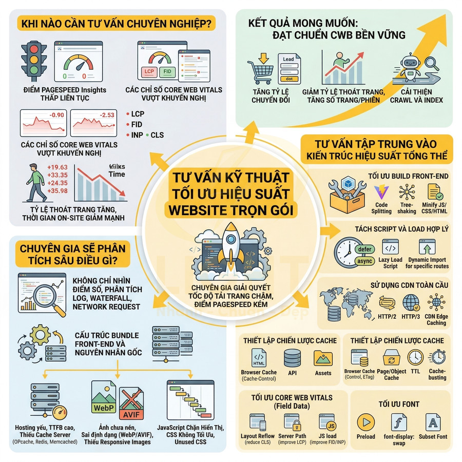 Infographic dịch vụ tư vấn kỹ thuật tối ưu hiệu suất website trọn gói, cải thiện Core Web Vitals và tốc độ tải trang