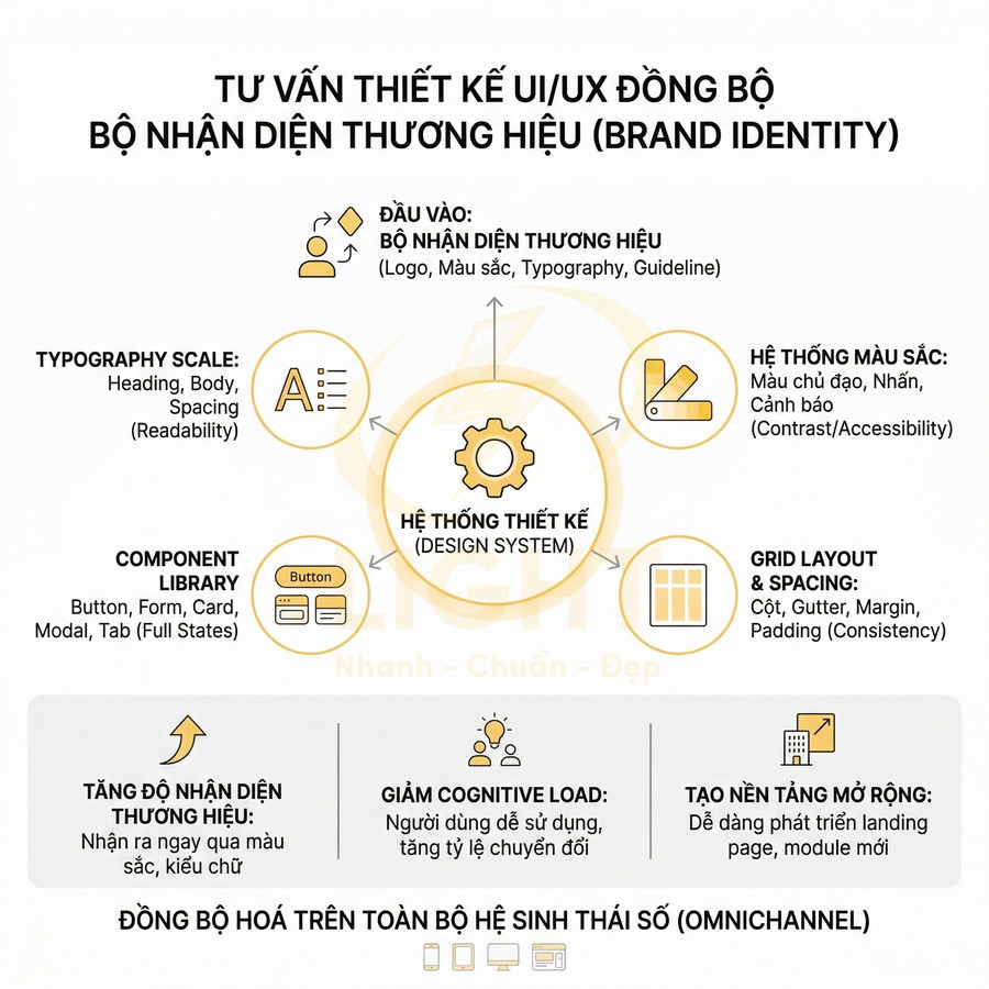 Mô hình tư vấn thiết kế UI UX đồng bộ bộ nhận diện thương hiệu với hệ thống thiết kế và các thành phần chính