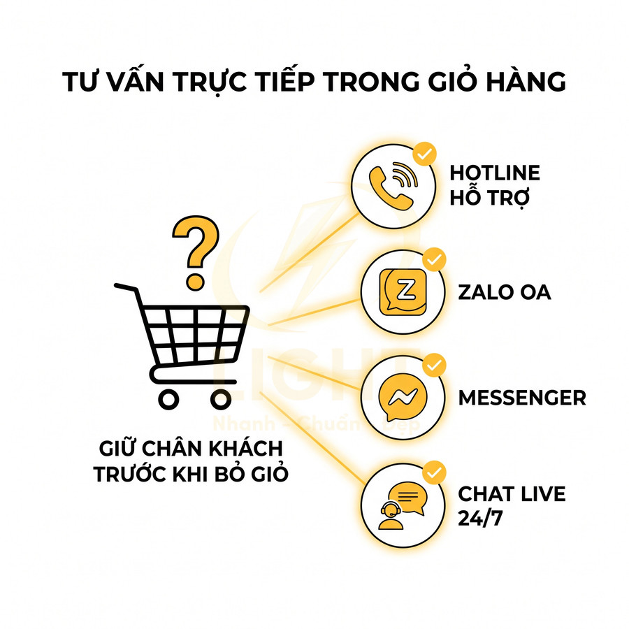 Giải pháp tư vấn trực tiếp trong giỏ hàng qua hotline, Zalo OA, Messenger và chat live 24/7 giữ chân khách hàng