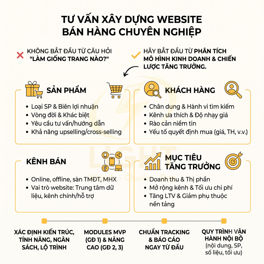 Infographic tư vấn xây dựng website bán hàng chuyên nghiệp với phân tích sản phẩm, khách hàng, kênh bán và mục tiêu tăng trưởng
