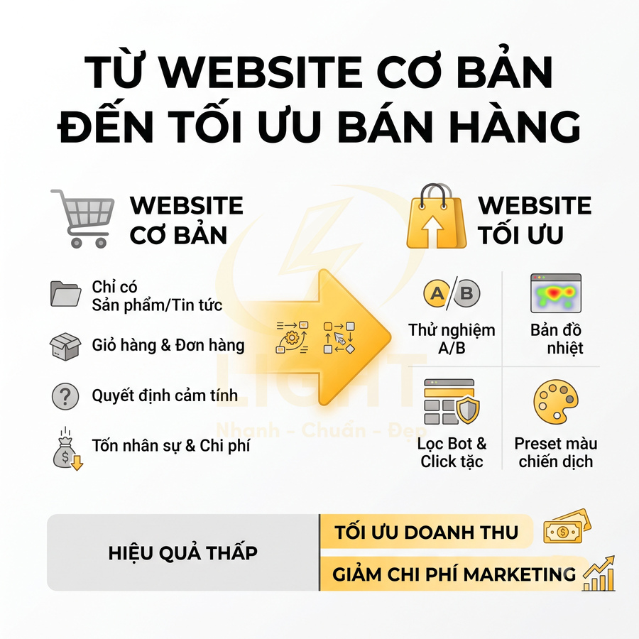 So sánh website cơ bản và website tối ưu bán hàng với các tính năng A/B testing, bản đồ nhiệt, lọc bot và tối ưu doanh thu
