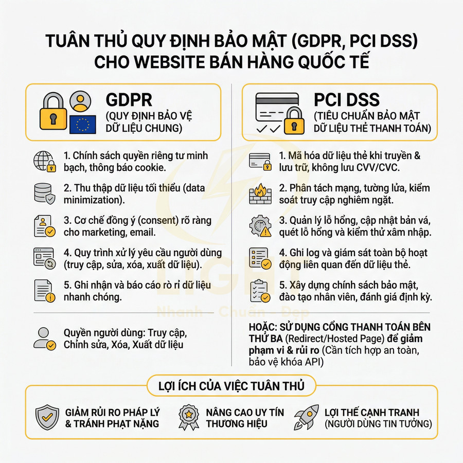 Hướng dẫn tuân thủ bảo mật GDPR và PCI DSS cho website bán hàng quốc tế, nêu lợi ích và yêu cầu chính