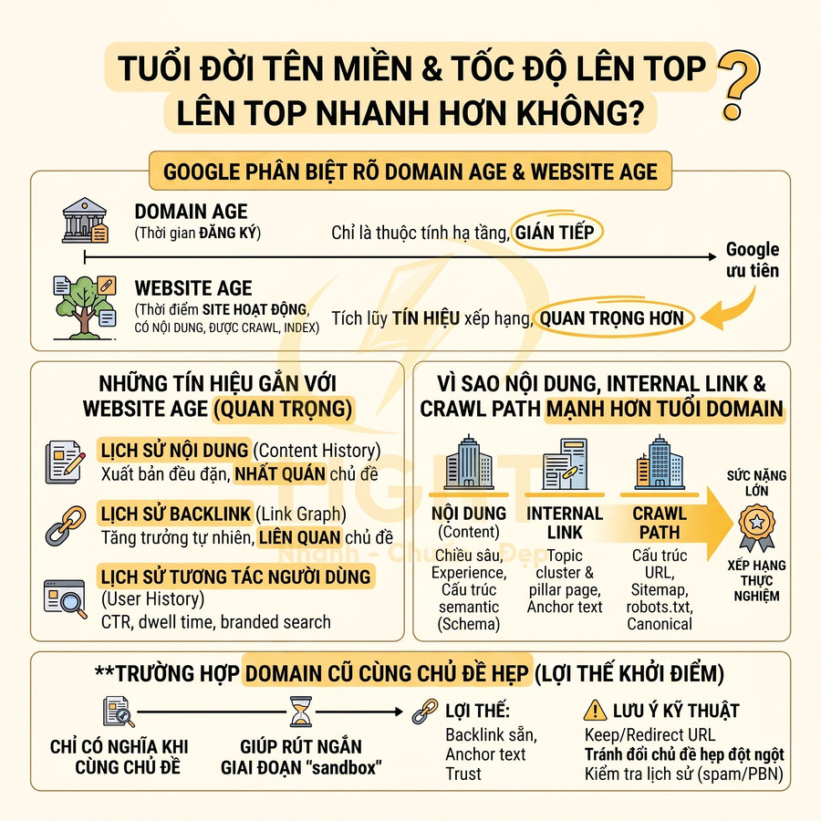 Infographic giải thích ảnh hưởng tuổi tên miền và website age đến tốc độ SEO lên top Google