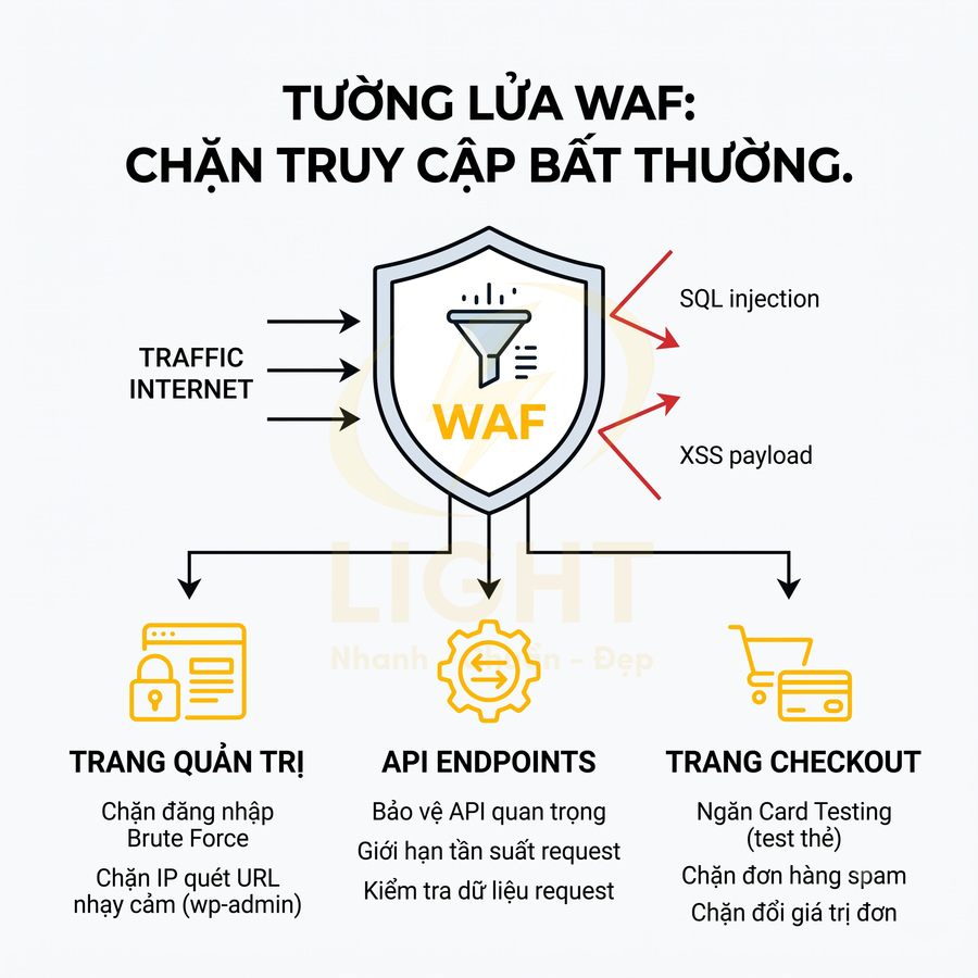 Mô tả tường lửa WAF bảo vệ trang quản trị, API endpoints và trang checkout khỏi SQL injection, XSS
