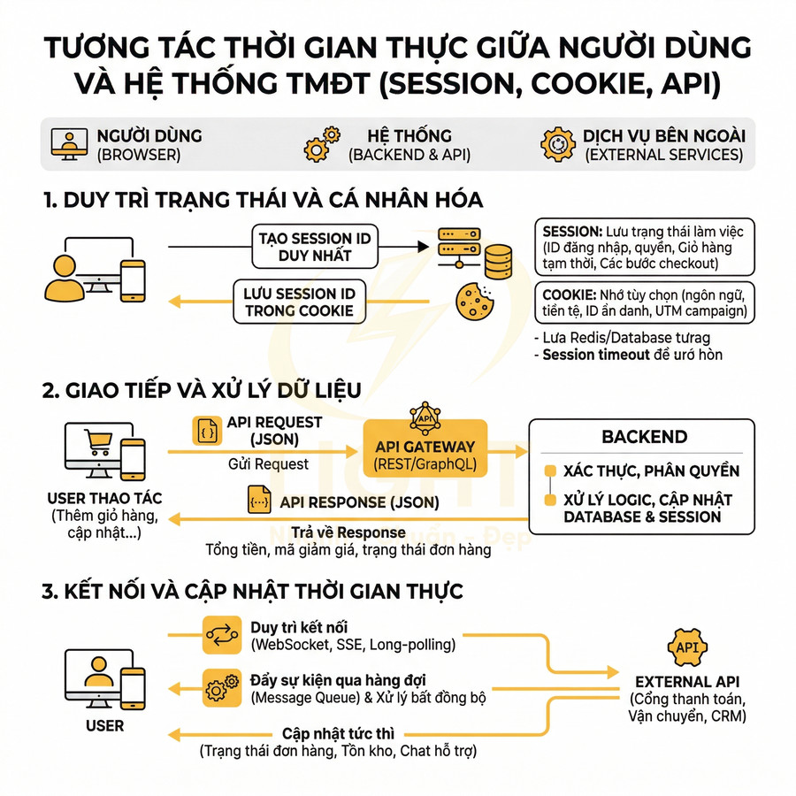 Sơ đồ tương tác thời gian thực giữa người dùng và hệ thống TMĐT bằng session cookie API và dịch vụ bên ngoài