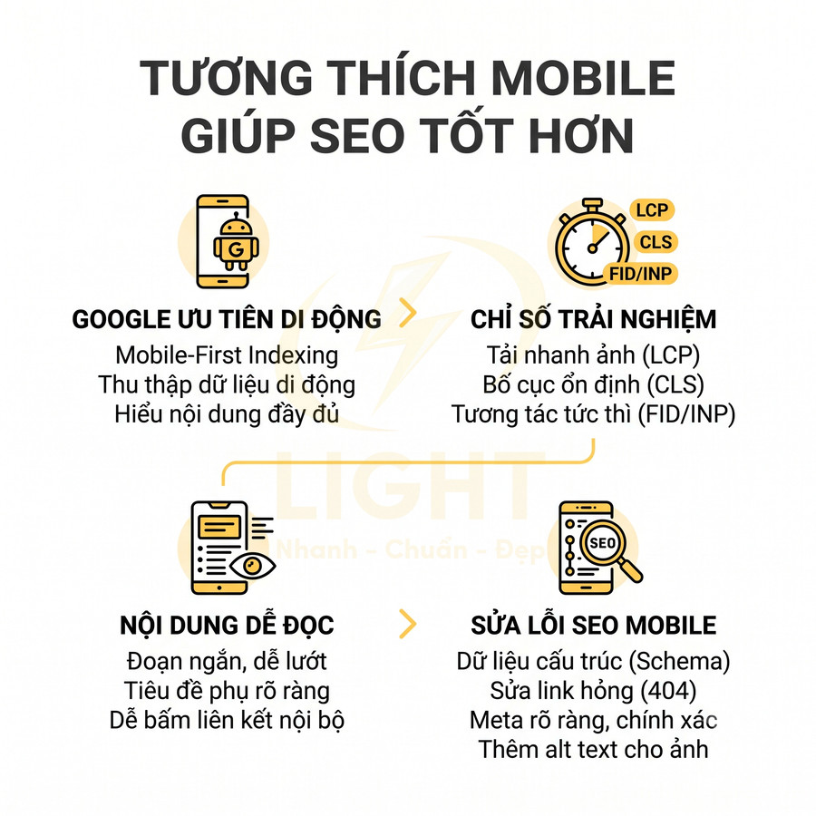 Tương thích mobile giúp SEO tốt hơn với ưu tiên di động, chỉ số trải nghiệm, nội dung dễ đọc và sửa lỗi SEO mobile