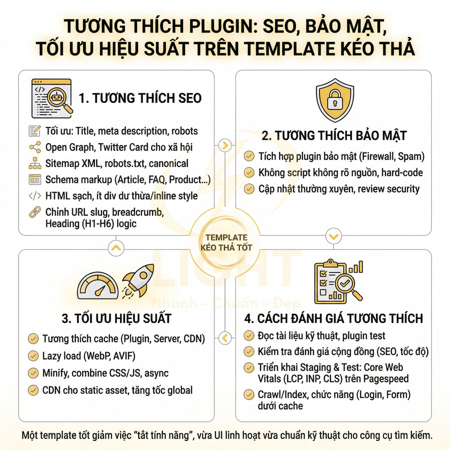Infographic hướng dẫn chọn template kéo thả tương thích plugin SEO bảo mật tối ưu hiệu suất cho website