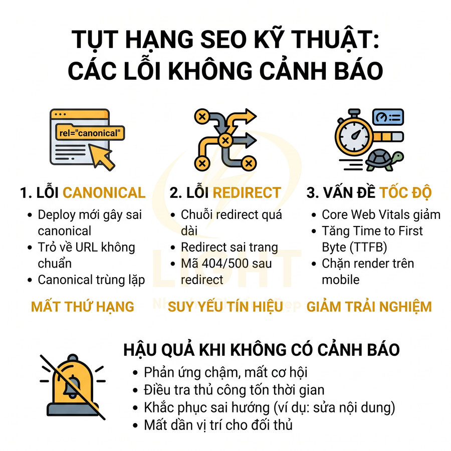 Tổng hợp các lỗi kỹ thuật SEO phổ biến như canonical, redirect, tốc độ và hậu quả khi không có cảnh báo