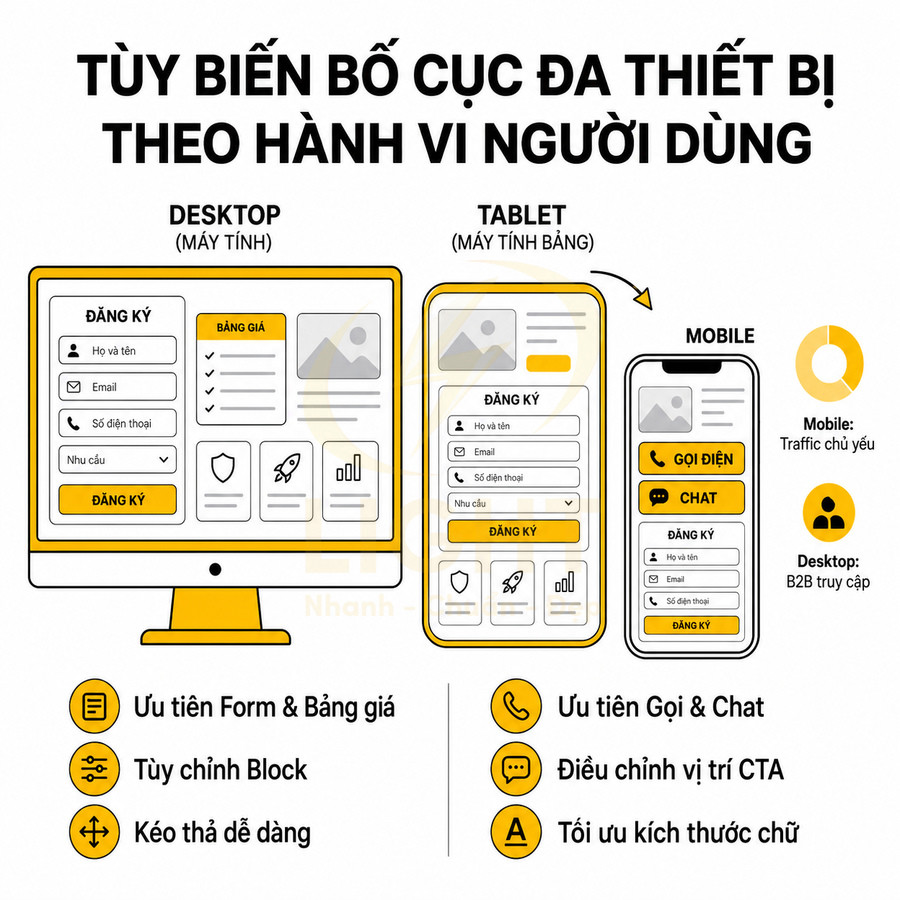 Giao diện website tùy biến trên desktop tablet mobile với form đăng ký và nút gọi chat tối ưu CTA