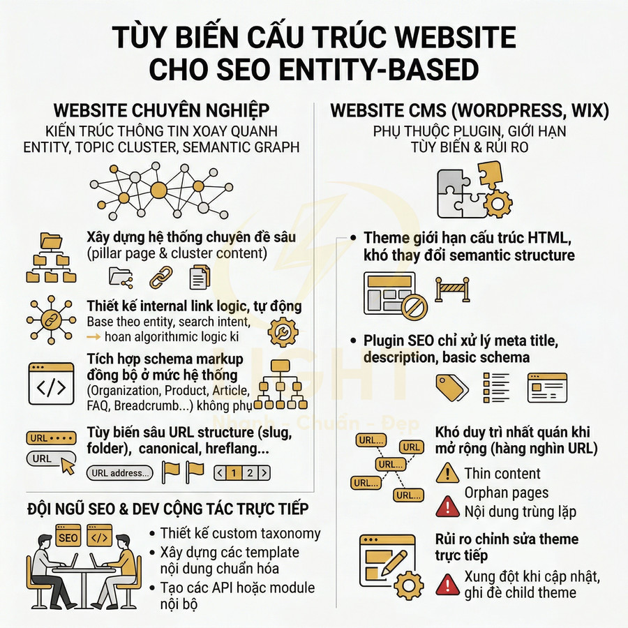 Infographic so sánh tùy biến cấu trúc website chuyên nghiệp và website CMS cho SEO entity based