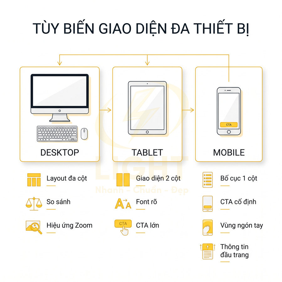 Minh họa giao diện website responsive trên desktop, tablet và mobile với các bố cục và nút CTA tối ưu