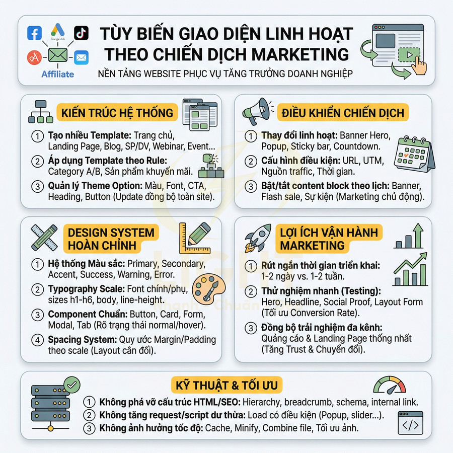 Infographic tùy biến giao diện website linh hoạt theo chiến dịch marketing với các lợi ích và tính năng chính