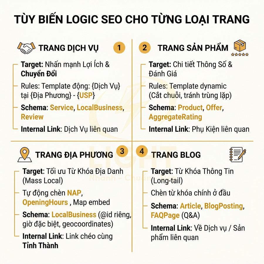 Hướng dẫn tùy biến logic SEO cho trang dịch vụ, sản phẩm, địa phương và blog trên website
