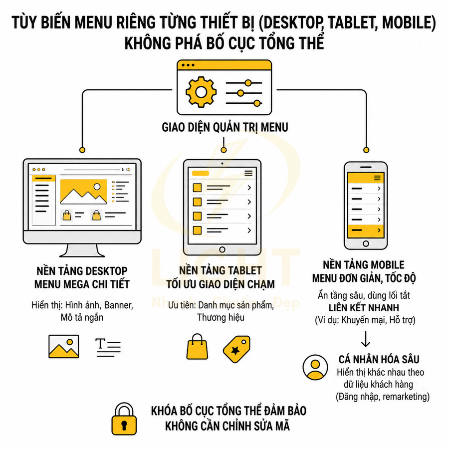 Minh họa giao diện quản trị menu tùy biến cho desktop, tablet, mobile với bố cục tối ưu trải nghiệm người dùng