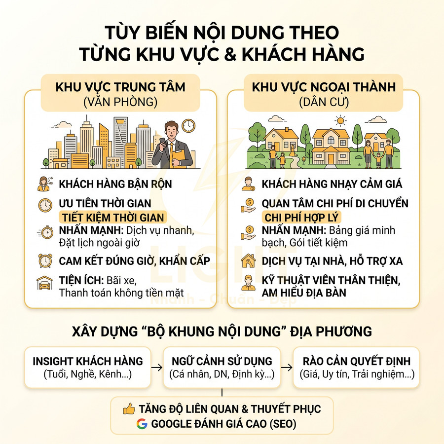 Infographic tùy biến nội dung marketing theo khu vực trung tâm và ngoại thành, tập trung insight và nhu cầu khách hàng