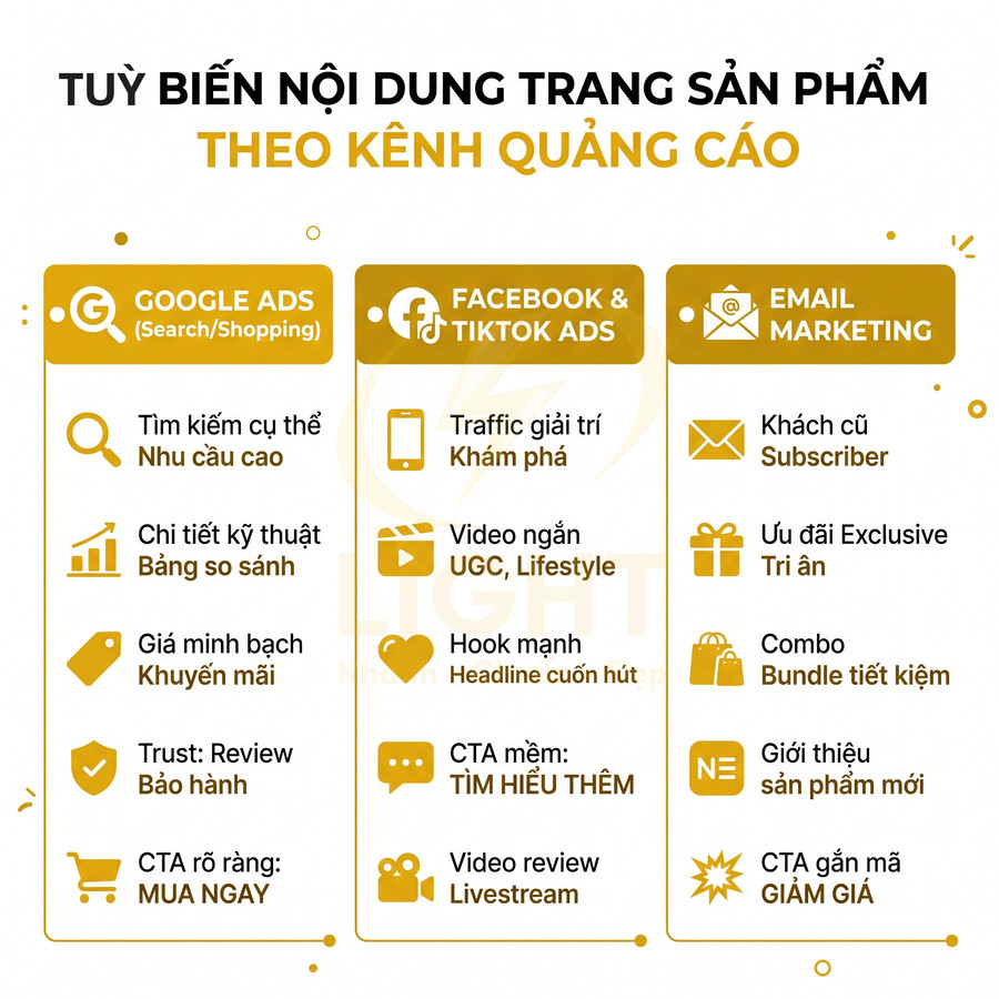 Infographic tùy biến nội dung trang sản phẩm theo kênh quảng cáo Google Ads Facebook TikTok và Email Marketing
