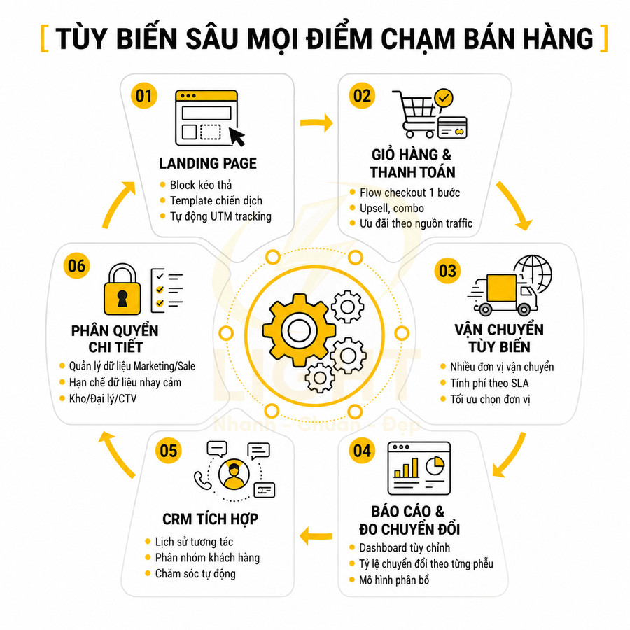 Sơ đồ quy trình tùy biến điểm chạm bán hàng với landing page, giỏ hàng, vận chuyển, báo cáo, CRM và phân quyền