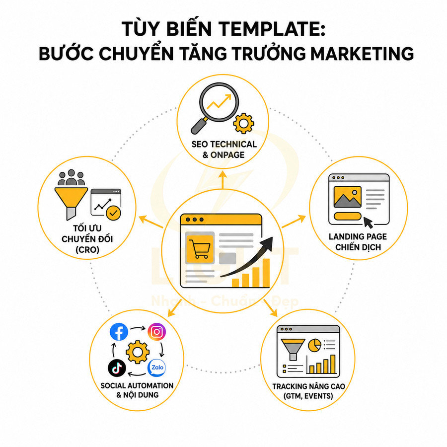 Sơ đồ các bước tối ưu tăng trưởng marketing gồm SEO, CRO, landing page, tracking và social automation